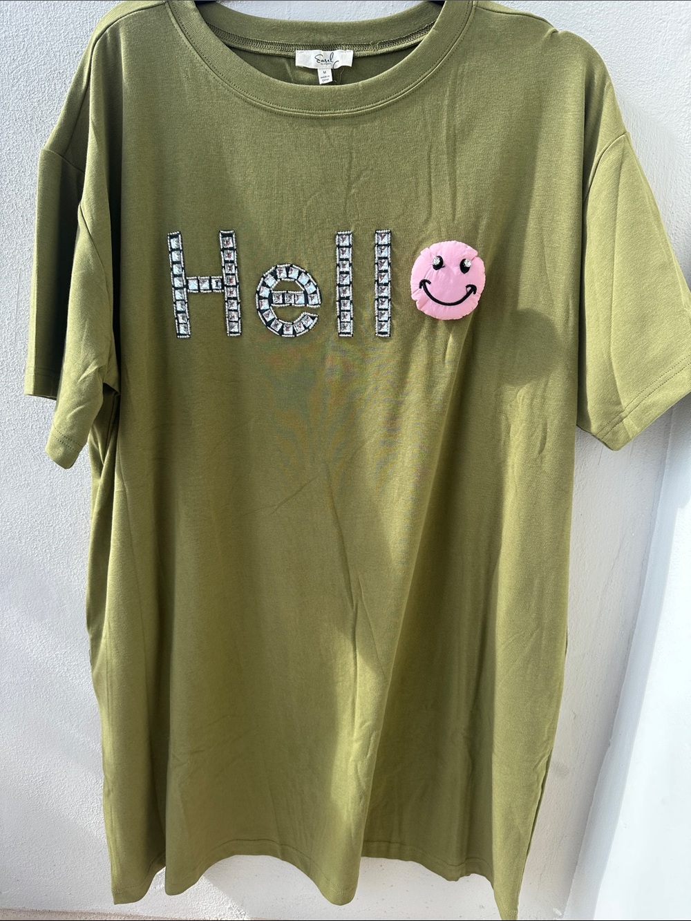 EASEL Olive Green Graphic DRESS with Hello Pink Smiley Patch